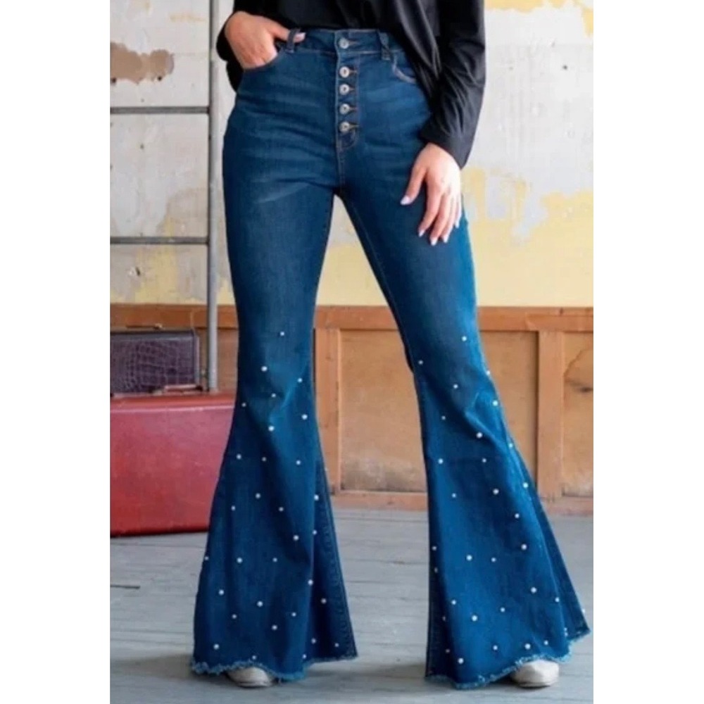 L&B Womens Pearl Embellished High Rise Flare Jeans Blue Size 8